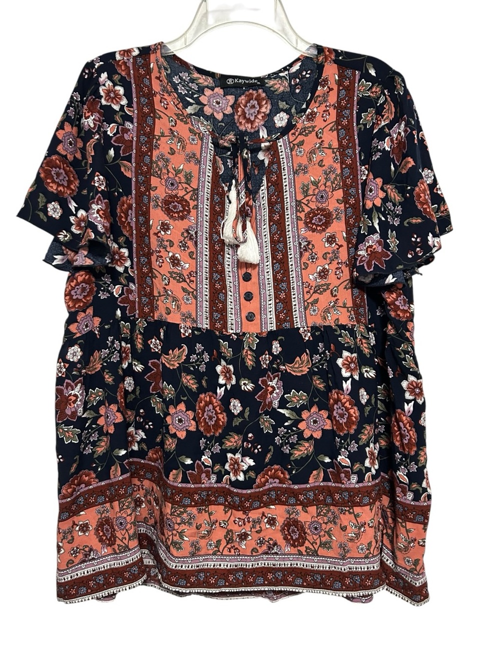 Kaywide Flutter Sleeve Peasant Top - Navy & Rusty